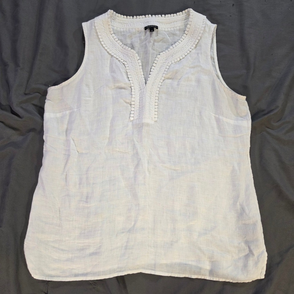 Talbots White 100% Linen Sleeveless Split Neck Pom Pom Trim Top Medium